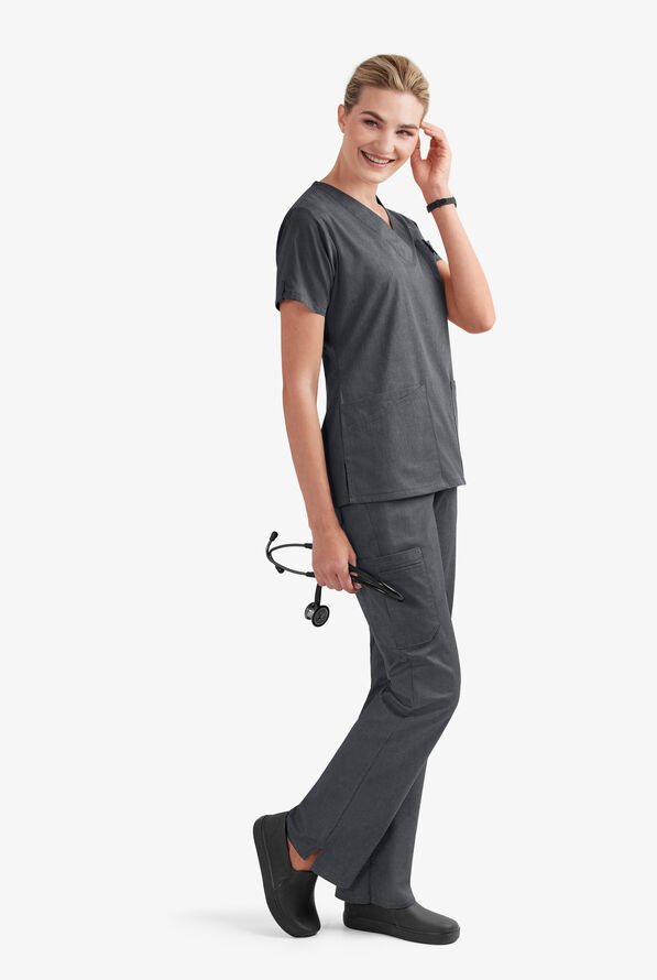 Butter-Soft STRETCH Women's 6-Pocket V-Neck Scrub Top - Heather Charcoal - 8