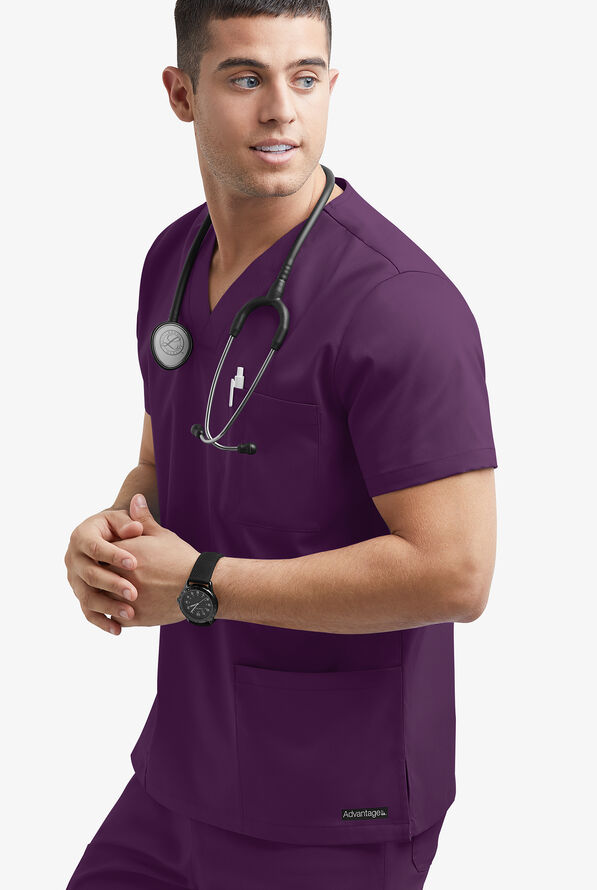 Advantage STRETCH Men's 6-Pocket V-Neck Scrub Top - Eggplant - 2