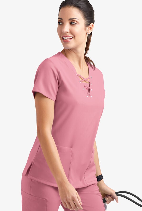 Easy STRETCH Gisele Women's 4-Pocket Lace Up V-Neck Scrub Top - Cashmere Rose - 3