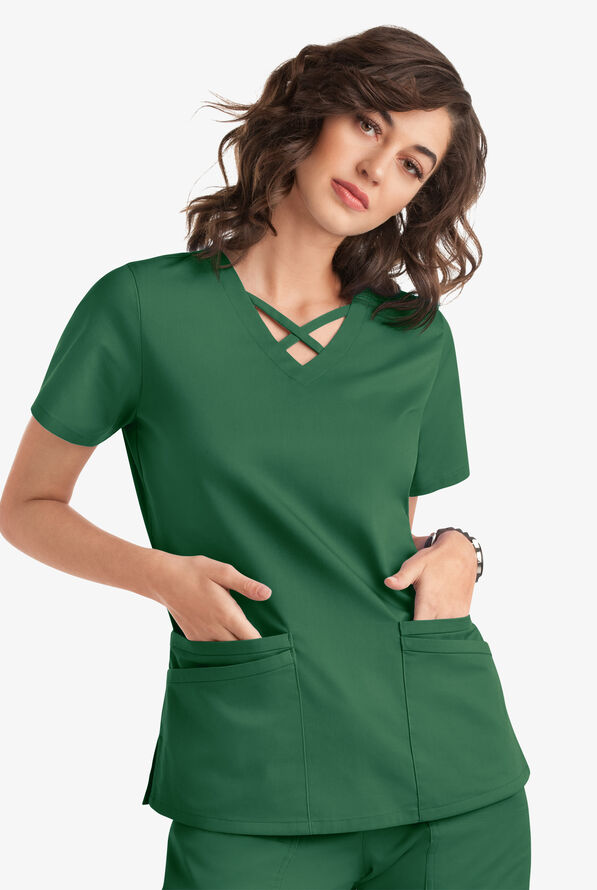 Blusa m&eacute;dica UA Butter-Soft STRETCH con lazos entrecruzados y 4 bolsillos para mujer - Hunter - 5