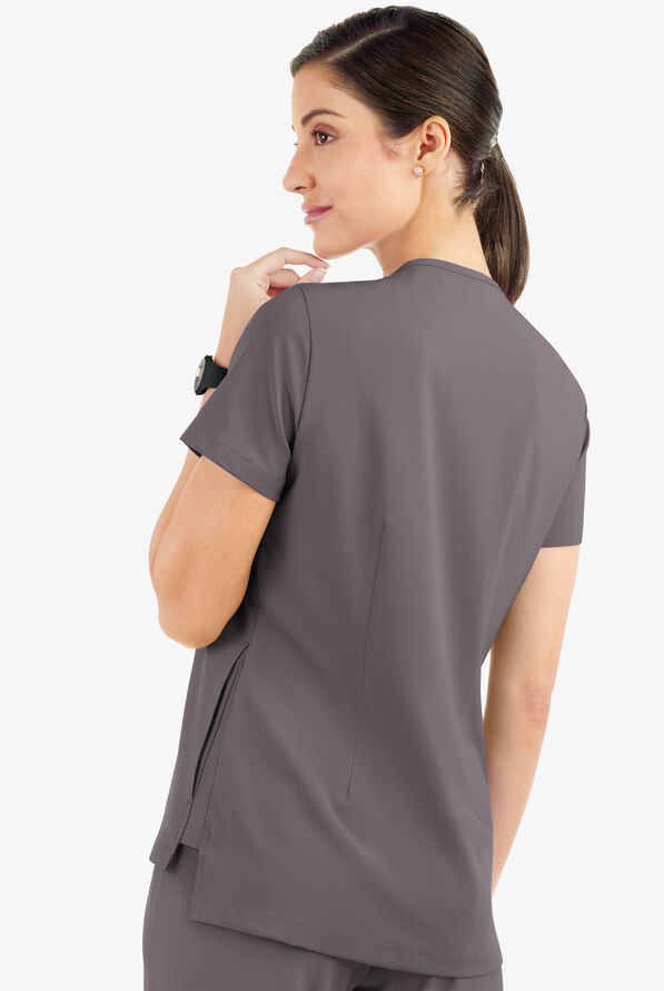 Easy STRETCH Taylor Women's 3-Pocket High Low Hem V-Neck Scrub Top - Grey Stone - 3