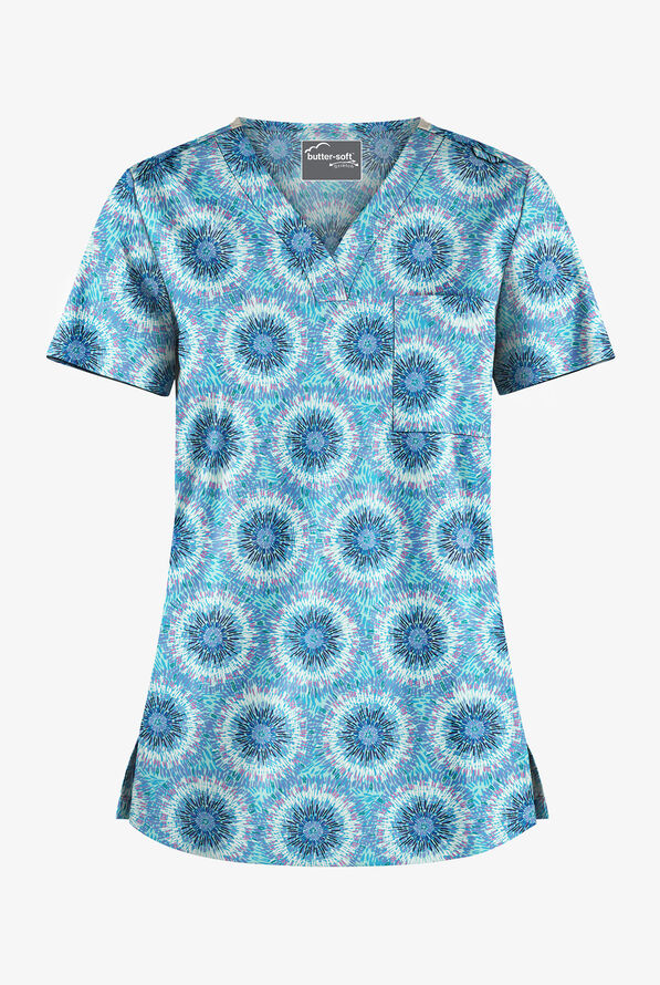 Blusa médica estampada UA Butter-Soft STRETCH Splash of Geo Aqua Moon con cuello en V y 1 bolsillo para mujer - null - 1