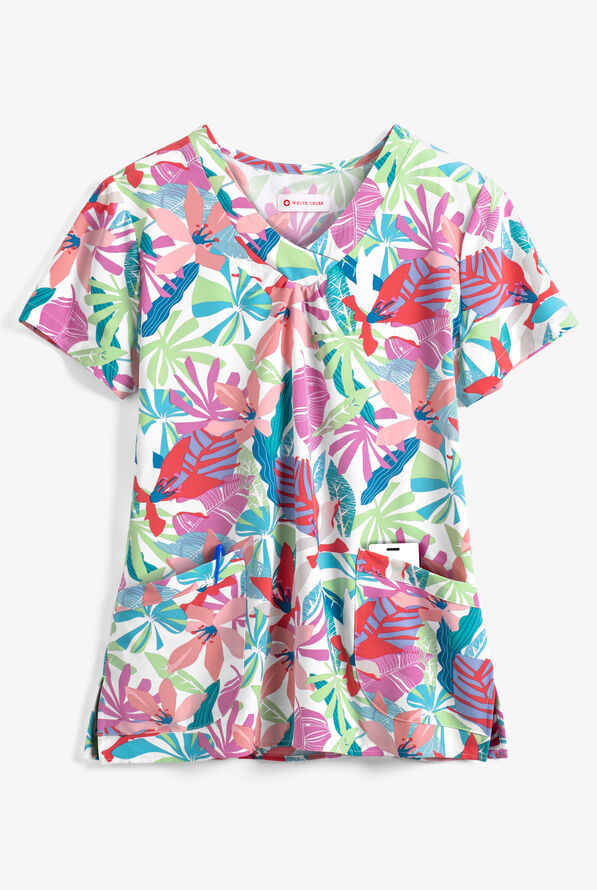 White Cross Hawaiian Flowers Women's 2-Pocket V-Neck Print Scrub Top - null - 1