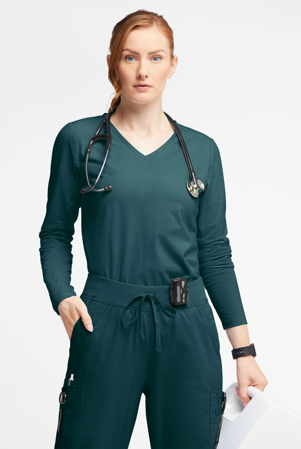 Butter-Soft STRETCH Women&rsquo;s Cotton-Rich V-Neck Knit Underscrub - Caribbean Blue - 3