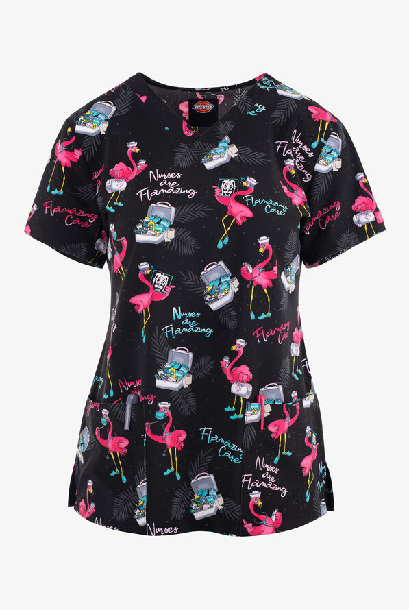 Dickies EDS Flamazing Care Flamingo Women's 2-Pocket STRETCH V-Neck Print Scrub Top - null - 1