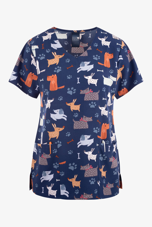 Zoe & Chloe Dapper Dog Women's 2-Pocket STRETCH V-Neck Print Scrub Top - null - 1