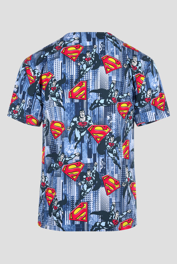 Tooniforms Superman Metropolis Force Men's 2-Pocket STRETCH V-Neck Print Scrub Top - null - 2