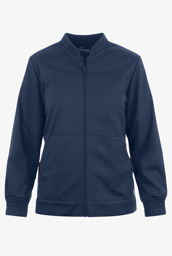 Butter-Soft STRETCH Unisex 4-Pocket Fleece Lined Scrub Jacket - Navy - 1