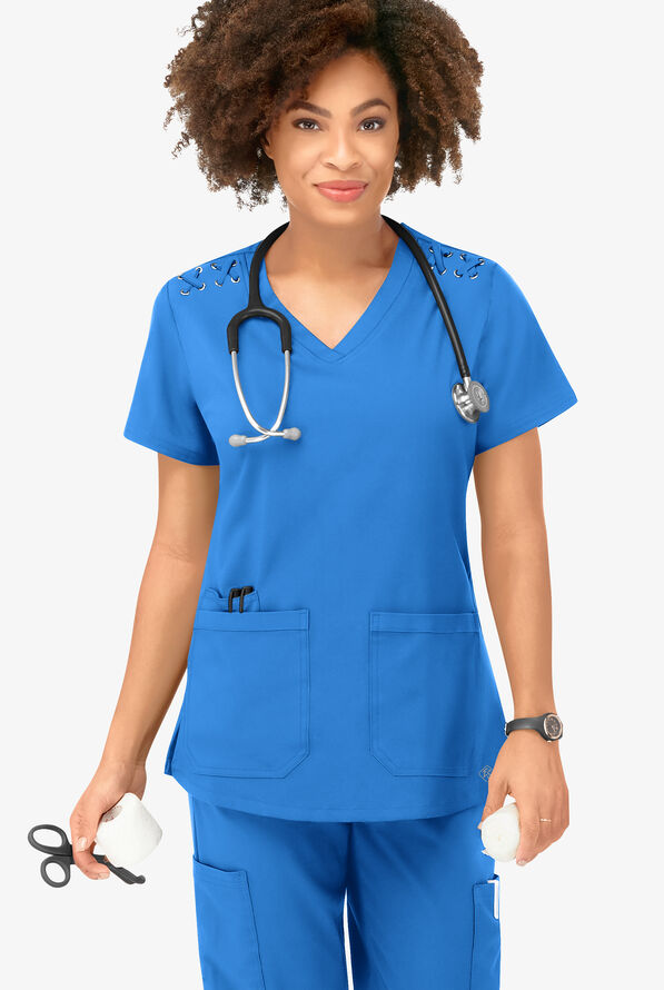 Blusa m&eacute;dica Easy STRETCH Leila con ojales con lazos y 3 bolsillos para mujer - Cerulean - 5