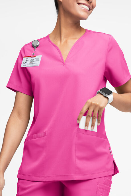 Blusa médica WhisperLite Dahlia Stretch con cuello con muesca y 4 bolsillos para mujer