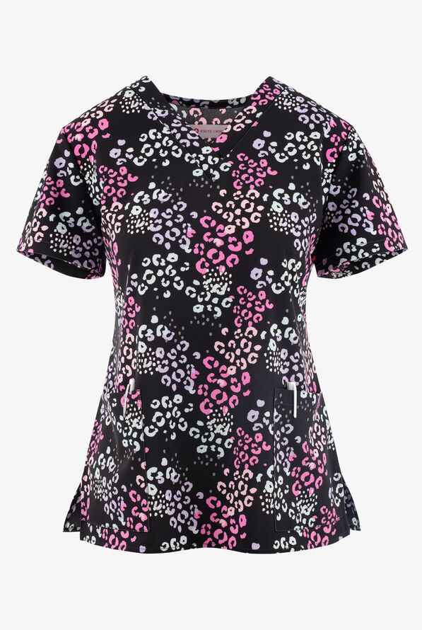 White Cross Colorful Cheetah Animal Print Women's 2-Pocket STRETCH V-Neck Print Scrub Top - null - 1