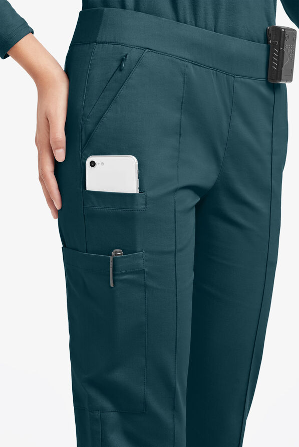 Butter-Soft STRETCH Women's 6-Pocket Pin-Tuck Crop Slim with Sport Trim Detail Scrub Pants - Caribbean Blue/Navy - 2