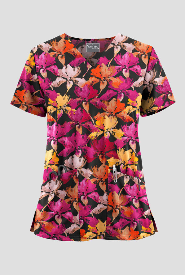 Butter-Soft STRETCH Painted Petals Women's 2-Pocket V-Neck Print Scrub Top - null - 1