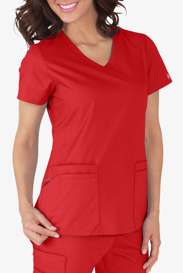 Blusa m&eacute;dica Dickies EDS Signature de corte contempor&aacute;neo con cuello en V y 6 bolsillos para mujer - Red - 4