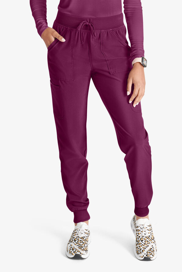 Cherokee Collection Women's 4-Pocket STRETCH Rib-Knit Waistband Cargo Jogger Scrub Pants - Wine - 1
