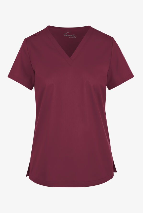 Butter-Soft STRETCH Women's V-Neck Tuck In Top - Wine - 1