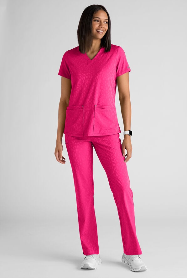 Easy STRETCH Lina Women's Jacquard 4-Pocket V-Neck Scrub Top - Reactive Pink - 6