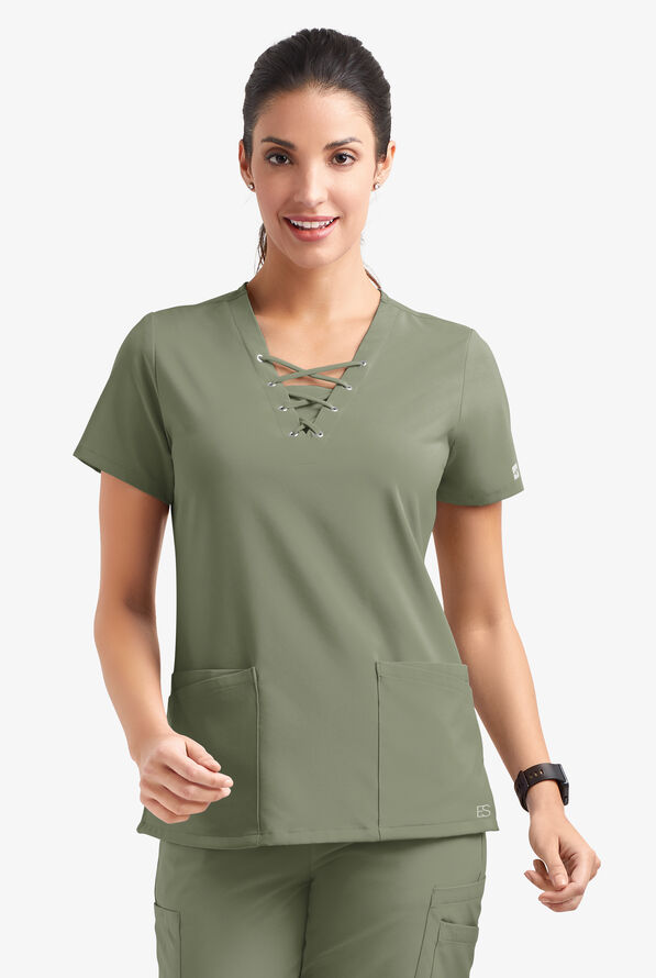 Easy STRETCH Gisele Women's 4-Pocket Lace Up V-Neck Scrub Top - Olive Leaf - 2