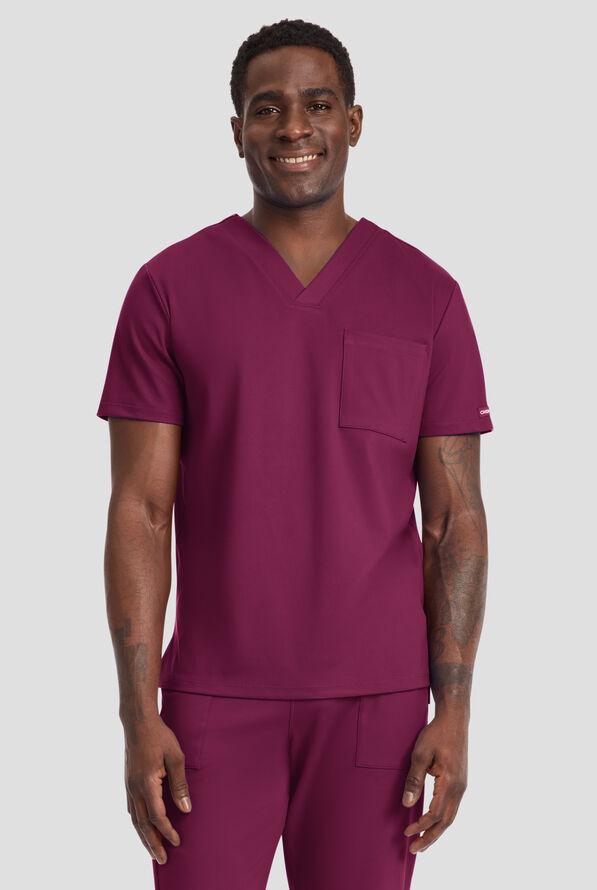 Cherokee Achieve Men's 1-Pocket STRETCH V-Neck Knit Scrub Top - Wine - 2