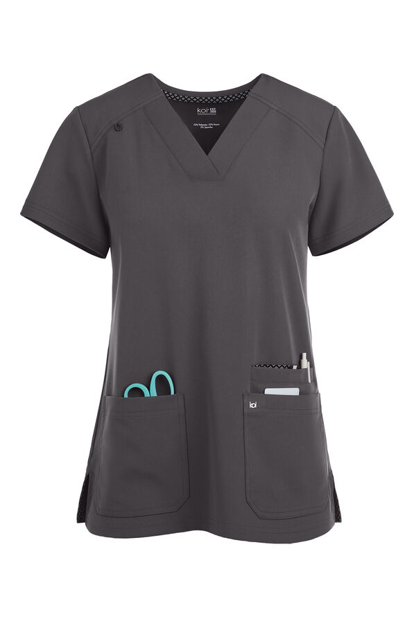 koi Next Gen Hustle and Heart Women's 3-Pocket STRETCH V-Neck Scrub Top - Charcoal - 1