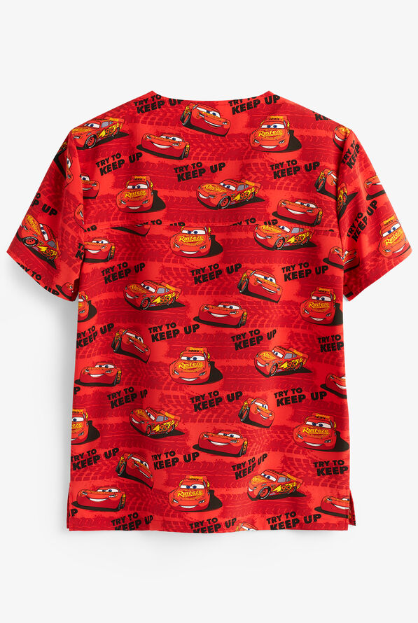 Tooniforms Try To Keep Up Lightning McQueen Cars Unisex 2-Pocket STRETCH V-Neck Print Scrub Top - null - 2