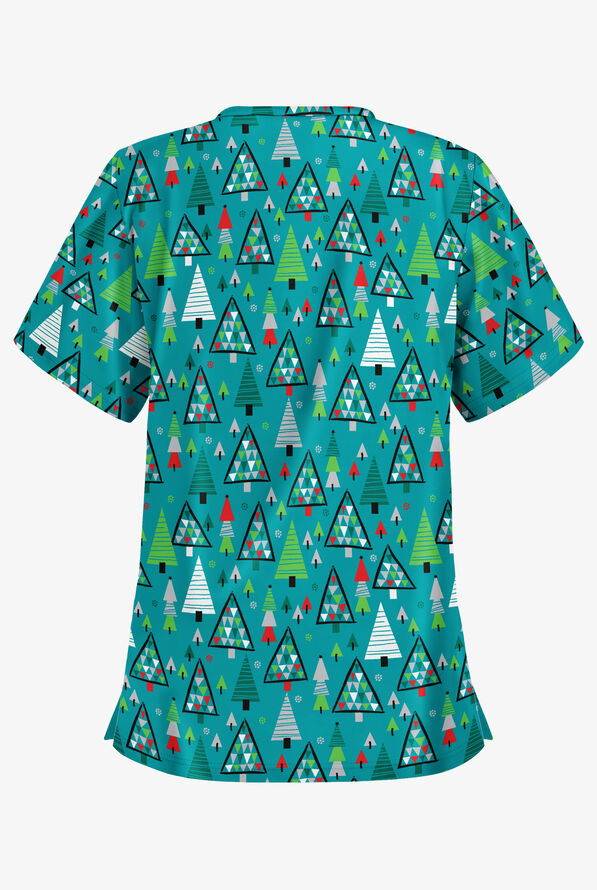 Butter-Soft X-Mas Park Teal Women's 2-Pocket Relaxed Fit V-Neck Print Scrub Top - null - 2