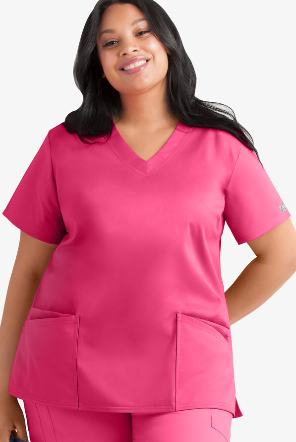 Butter-Soft STRETCH Women's 4-Pocket Plus Size V-Neck Scrub Top - Fuchsia - 1