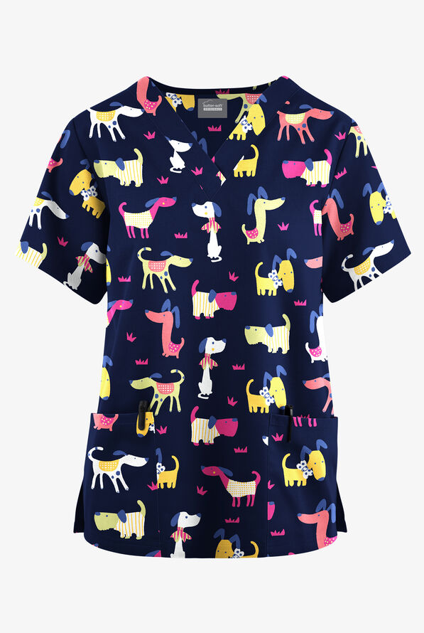 Blusa médica estampada Butter-Soft Originals Day At The Park Navy con cuello en V y 2 bolsillos para mujer - null - 1