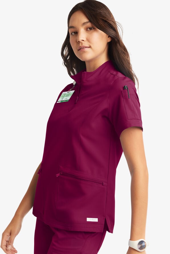Butter-Soft Women's 5-Pocket Zipper Neck Short Sleeve Scrub Top **Slightly IRREGULAR** - Wine - 3
