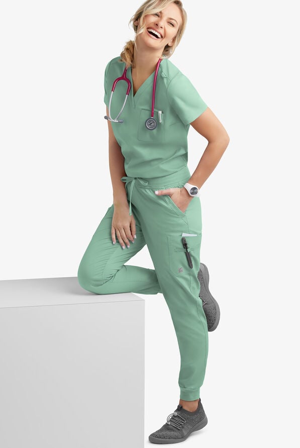 Butter-Soft STRETCH Women's 2-Pocket V-Neck Tuck-In Scrub Top - Water Mint - 2