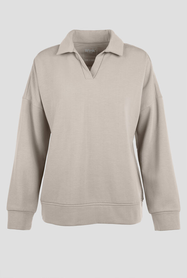 Wink Unwind Women's STRETCH Relaxed Pullover Fleece Polo Scrub Top - Birch - 1