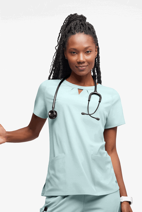 Blusa m&eacute;dica Easy STRETCH Salma con cuello ojo de cerradura y 3 bolsillos para mujer - Ocean Mist - 4