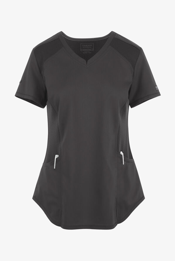 UA Exclusive Cherokee Workwear Revolution Women's 2-Pocket STRETCH Mesh Trim V-Neck Scrub Top - Pewter - 1