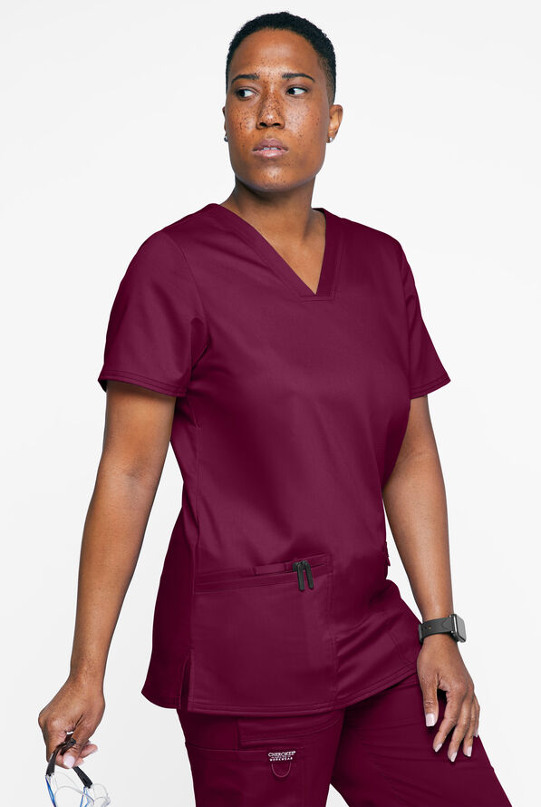 Cherokee Workwear Revolution Women's 3-Pocket STRETCH V-Neck Scrub Top - Wine - 2
