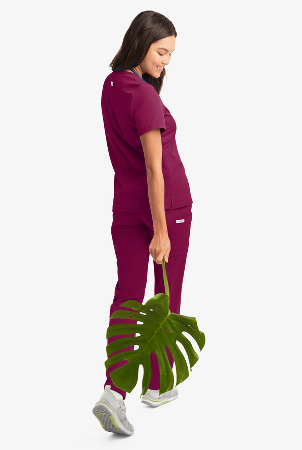 Butter-Soft Women's 5-Pockets Faux Wrap Scrub Top **Slightly IRREGULAR** - Wine - 3