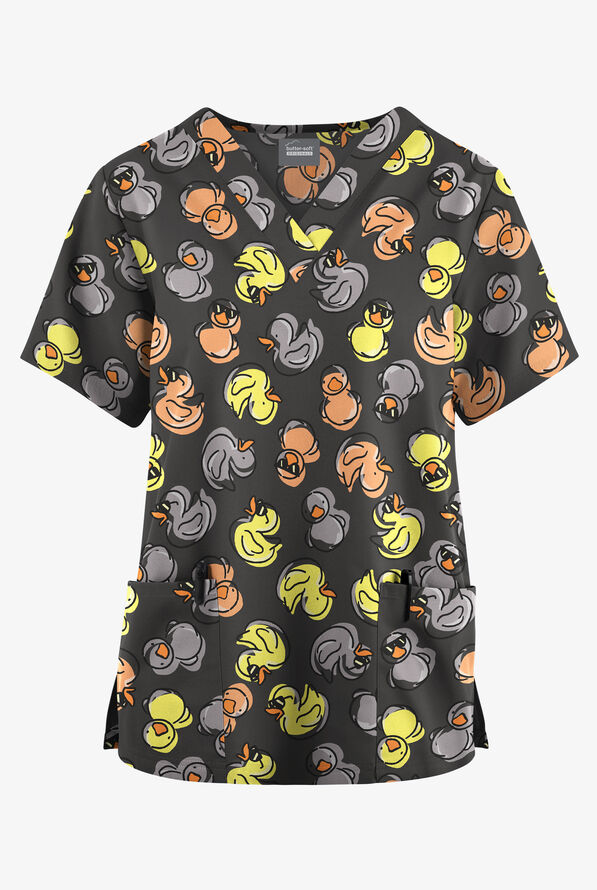 Butter-Soft Originals Lucy Duck Pewter Women's 2-Pocket V-Neck Print Scrub Top - null - 1