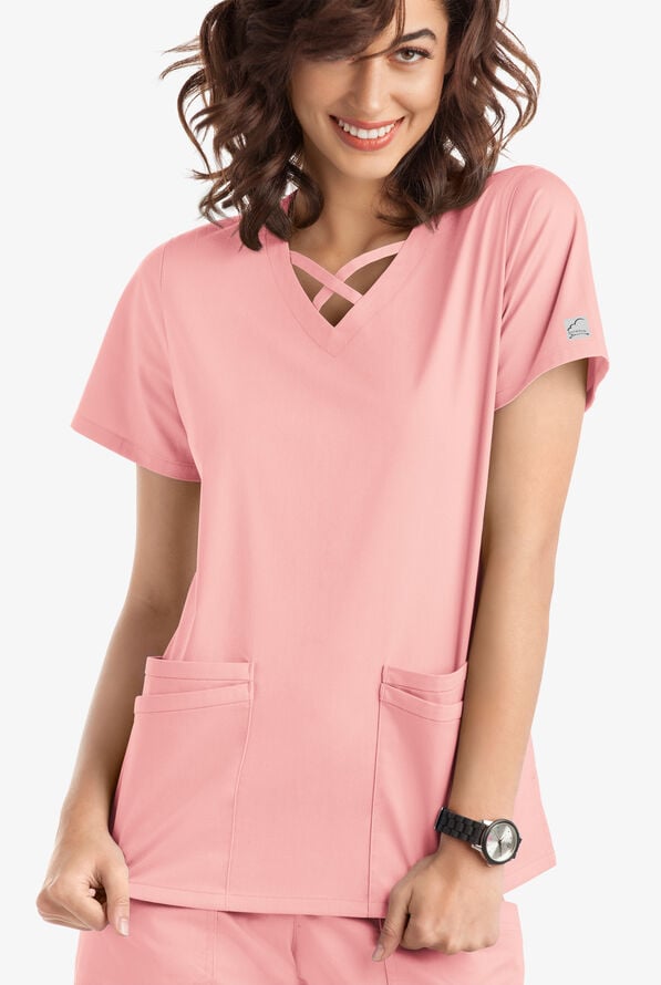 Butter-Soft STRETCH Women's 4-Pocket Crisscross Scrub Top - Rose Water - 2