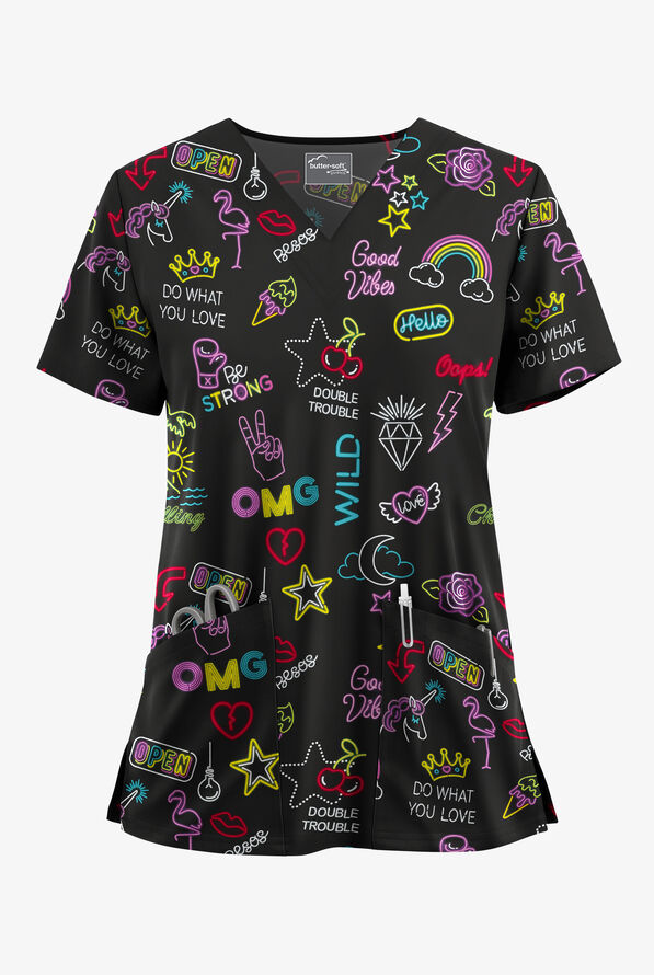 Butter-Soft STRETCH Neon Vibes Black Women's 2-Pocket V-Neck Print Scrub Top - null - 1