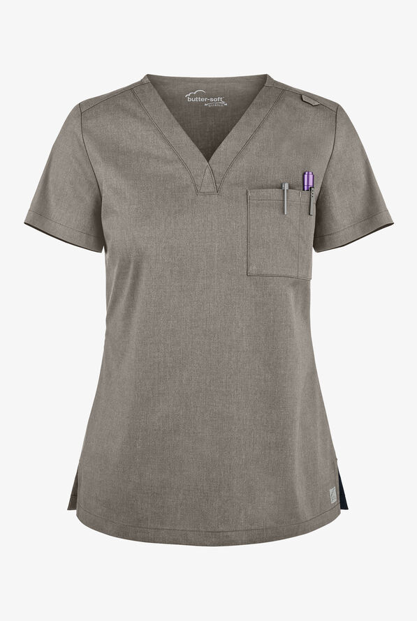 Blusa m&eacute;dica Butter-Soft STRETCH con cuello en V y 2 bolsillos para mujer - Heather Grey - 1