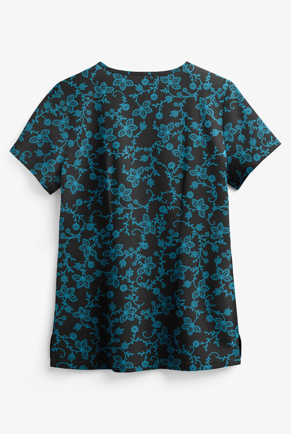 Butter-Soft STRETCH Black Floral Vines Women's 1-Pocket Tuck-In V-Neck Print Scrub Top - null - 2