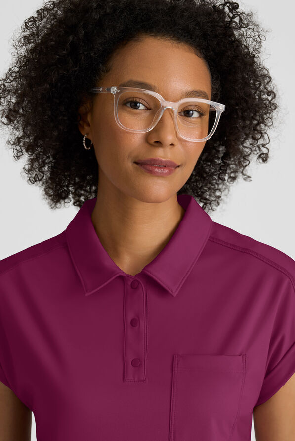 Grey's Anatomy by Barco Knit STRETCH Renew Women's 1-Pocket Dolman Sleeve Polo Scrub Top - Wine - 3