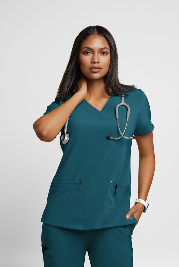 Easy STRETCH Lina Mitered Women's 4-Pocket V-Neck Scrub Top - Caribbean Blue - 2