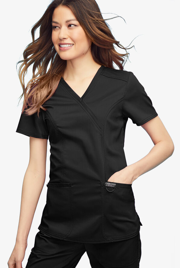 Cherokee Workwear Revolution Women's 2-Pocket STRETCH Mock Wrap Scrub Top - Black - 2