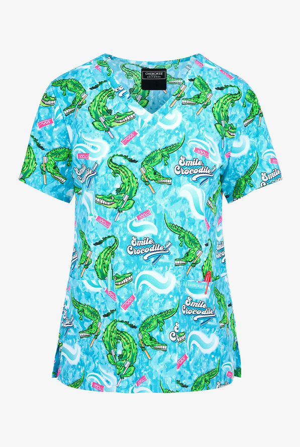 Cherokee Smile Crocodile Women's 2-Pocket STRETCH V-Neck Print Scrub Top - null - 1