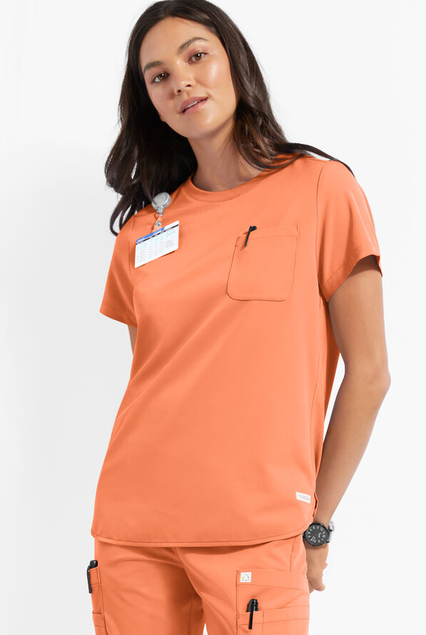 ReSurge Citrine Women's 1-Pocket Crew Neck Tuck In / Wear Out Scrub Top - Coral Haze - 2