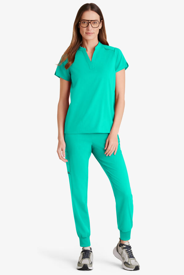 Grey's Anatomy by Barco Spandex STRETCH Avery Women's 2-Pocket Notch Sleeve V-Neck Scrub Top - Alpine Aqua - 4