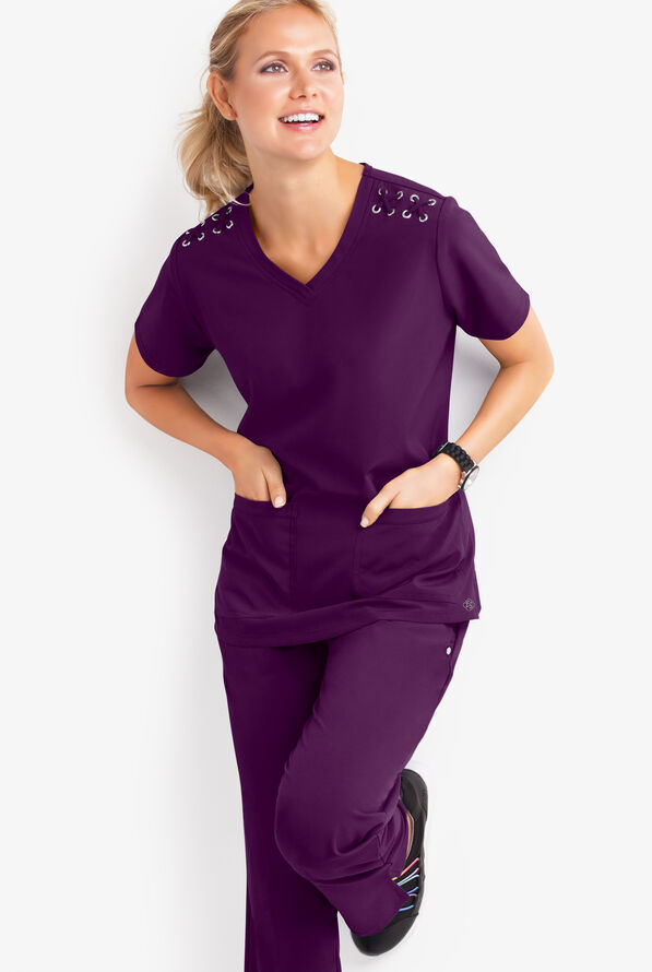 Blusa médica Easy STRETCH Leila con ojales y lazos para mujer - Eggplant - 2