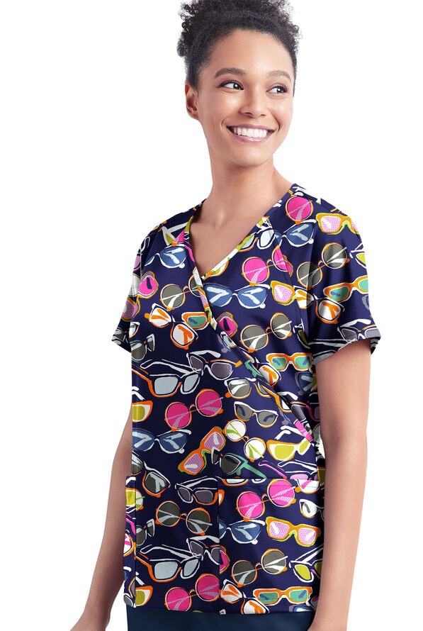 Happy Scrubs Fancy Shades Navy Women's 3-Pocket Mock Wrap With Ties Print Scrub Top - null - 2