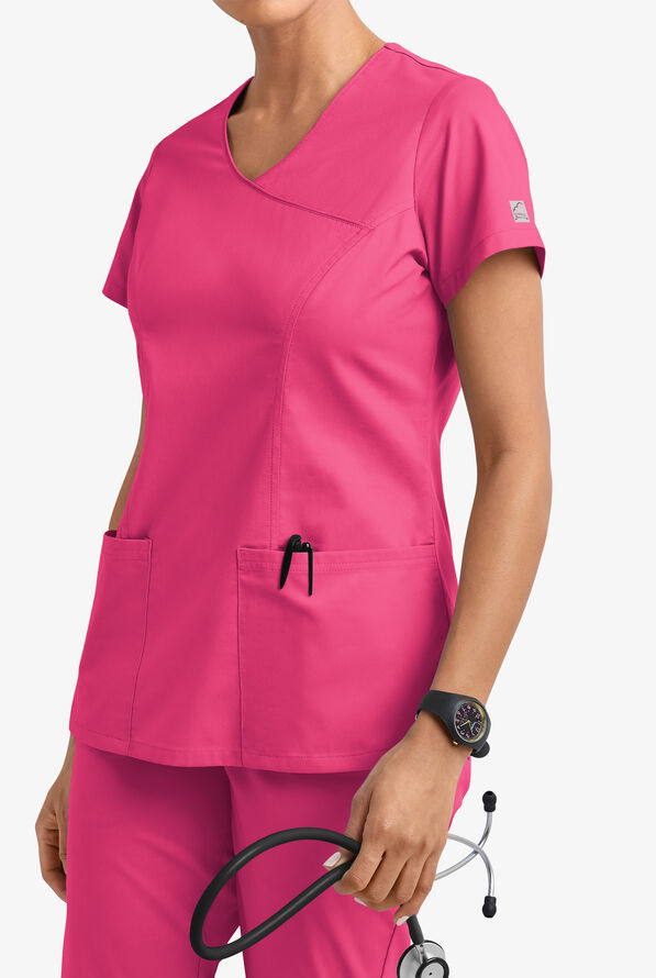 Butter-Soft STRETCH Women's 3-Pocket V-Neck Mock Wrap Scrub Top - Fuchsia - 2