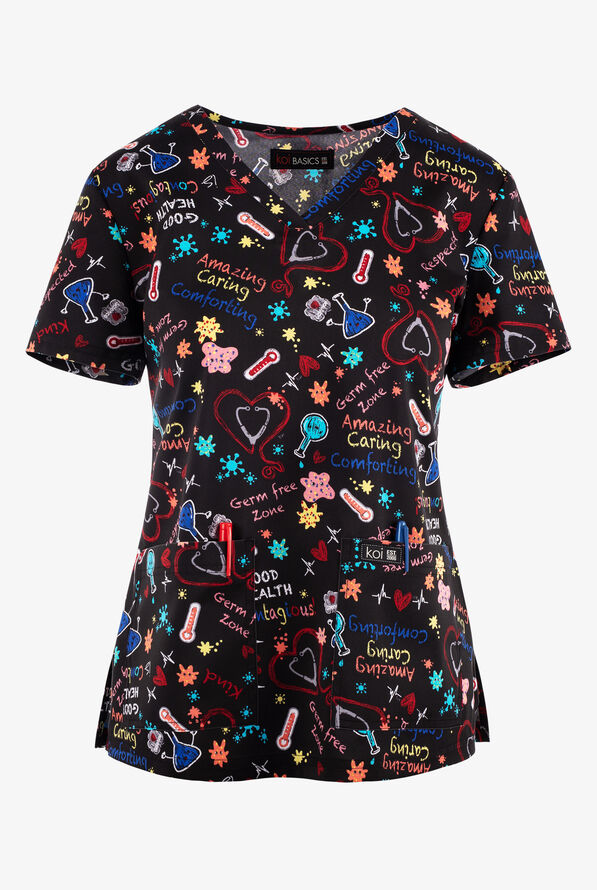 koi Basics Germ Free Zone Women's 2-Pocket STRETCH V-Neck Print Scrub Top - null - 1